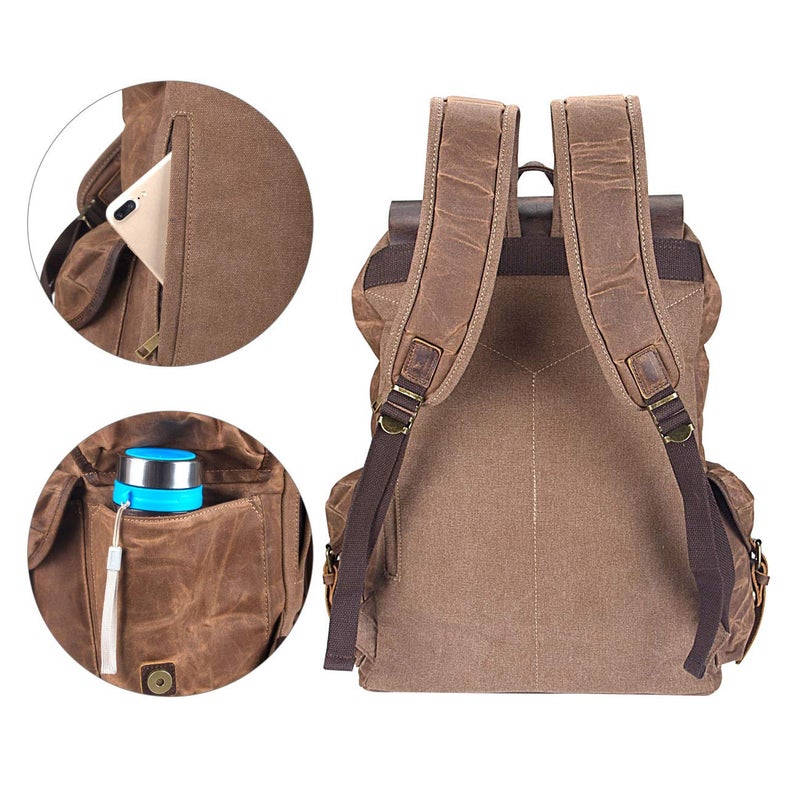 WUDON Leather Backpack for Men  Waxed Canvas Shoulder Rucksack Carry-On Travel Backpack - Image 5